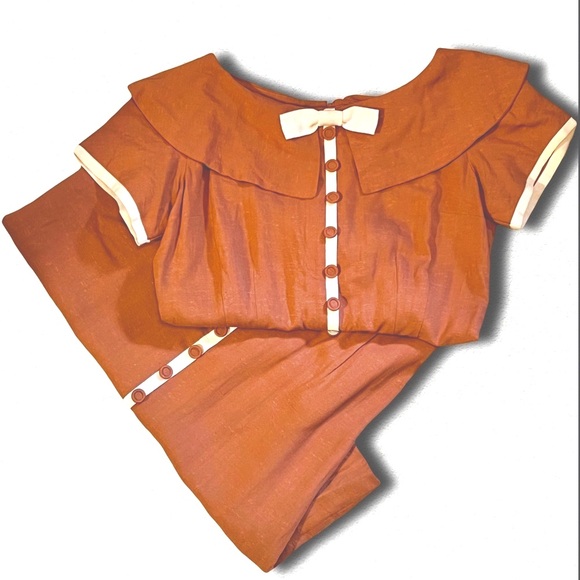 1940s Two Tone Linen Dress, Handmade A-Line, Orange, Cream, Vtg Academia, Sm - Picture 13 of 14